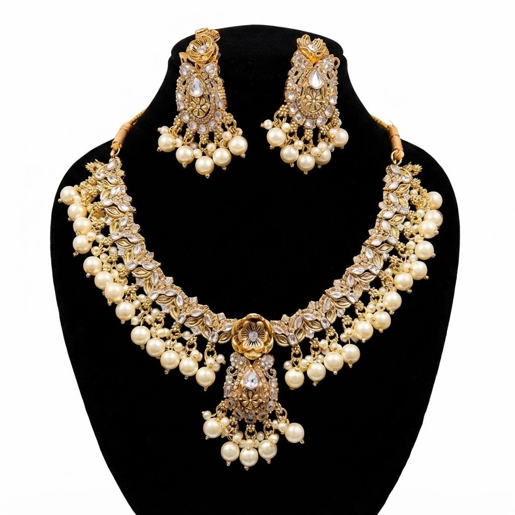 Mughal Floral Bridal Necklace Set | Ivory Pearl, Emerald Green & Ruby Red Gold