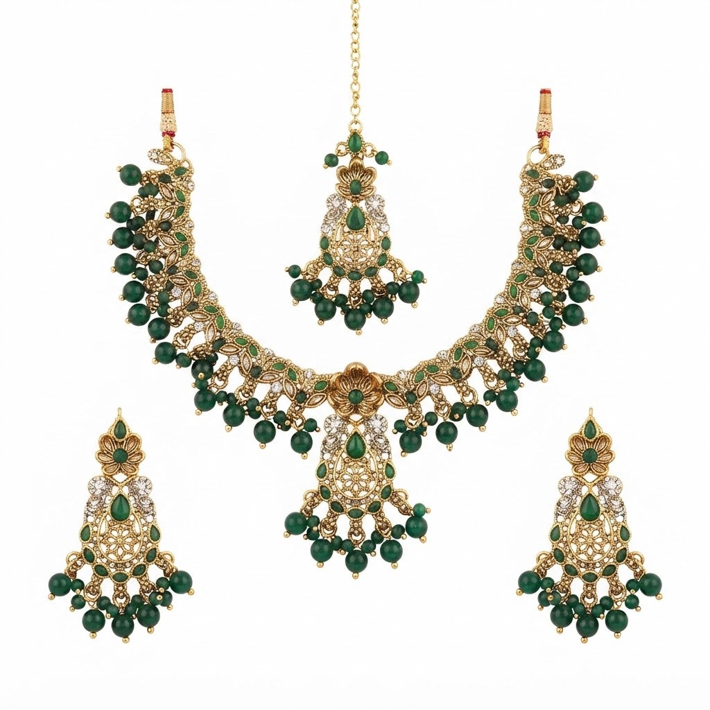 Mughal Floral Bridal Necklace Set | Ivory Pearl, Emerald Green & Ruby Red Gold