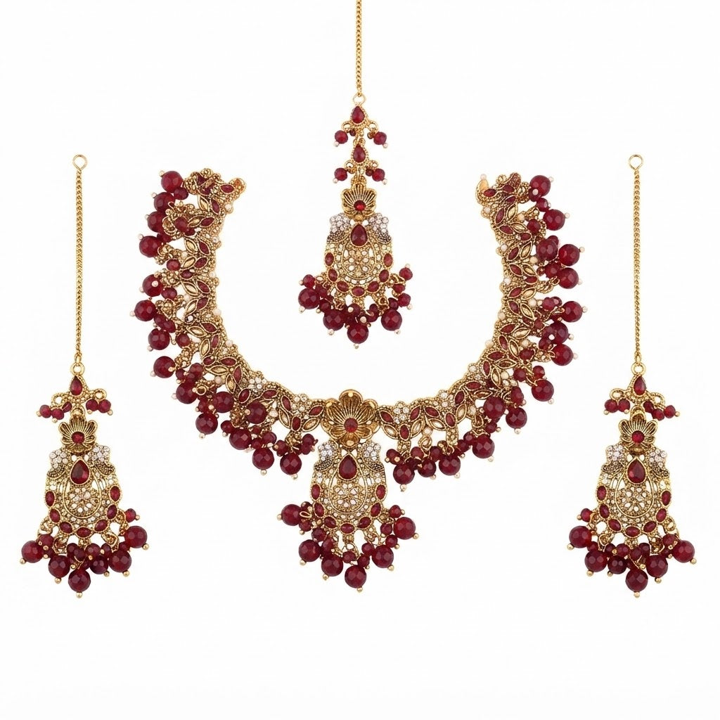 Mughal Floral Bridal Necklace Set | Ivory Pearl, Emerald Green & Ruby Red Gold