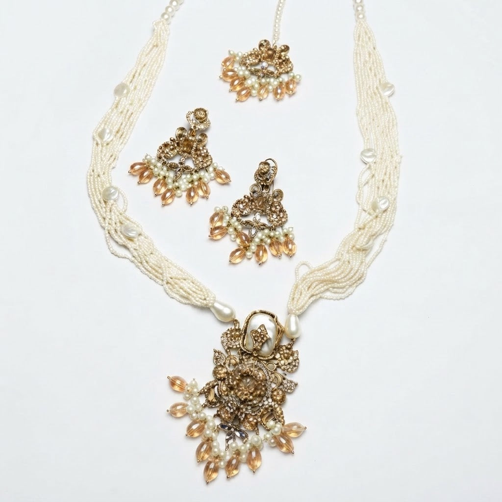 Pearl Mala Bridal Necklace Set – Champagne Gold & Ruby Maroon