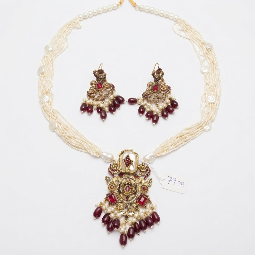 Pearl Mala Bridal Necklace Set – Champagne Gold & Ruby Maroon