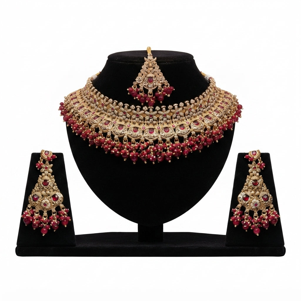Ruby Red Gold Mughal Bridal Choker Set – Necklace, Earrings & Maang Tikka