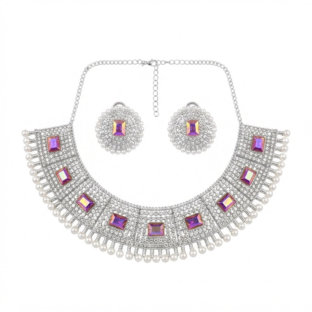 Aurora Violet Silver Crystal Choker Set – Necklace & Earrings