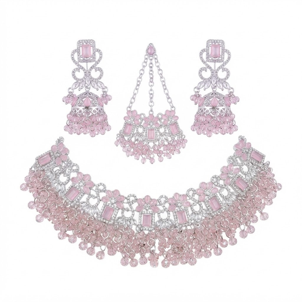 Silver Floral Crystal Choker Bridal Set – Blush Pink & Crystal Clear