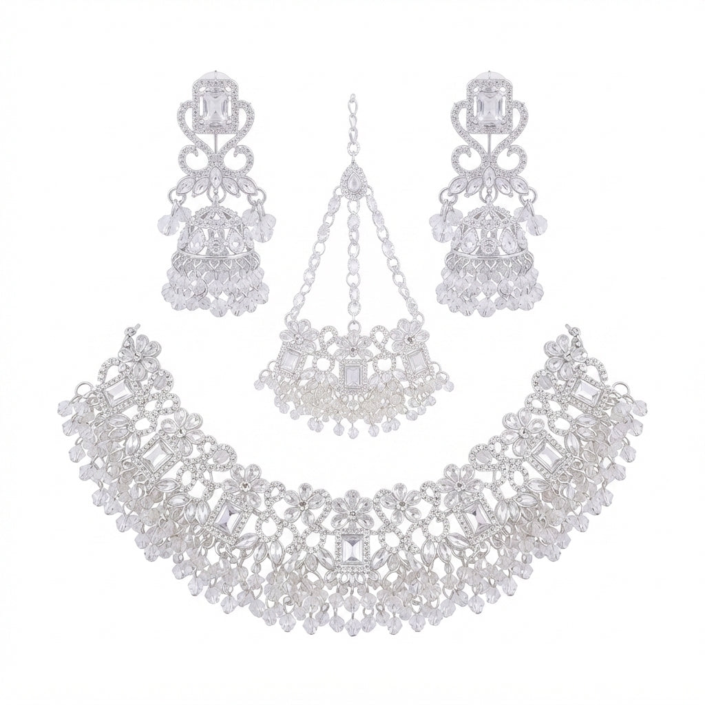 Silver Floral Crystal Choker Bridal Set – Blush Pink & Crystal Clear