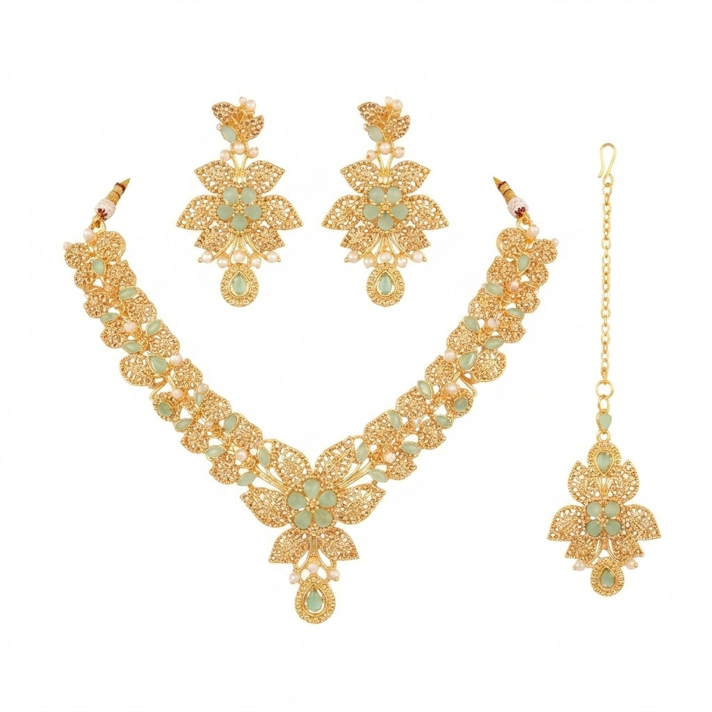 Floral Leaf Bridal Necklace Set – Mint Green, Crystal Silver & Champagne Gold
