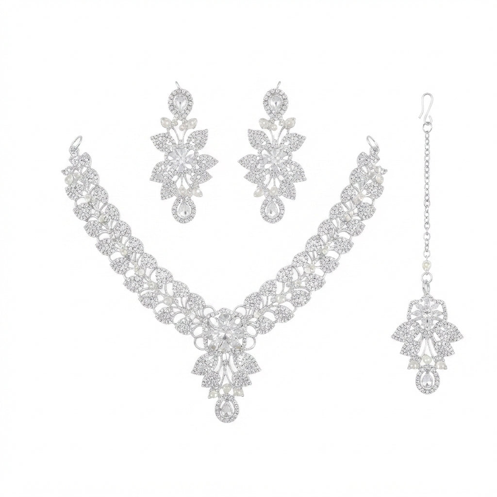 Floral Leaf Bridal Necklace Set – Mint Green, Crystal Silver & Champagne Gold