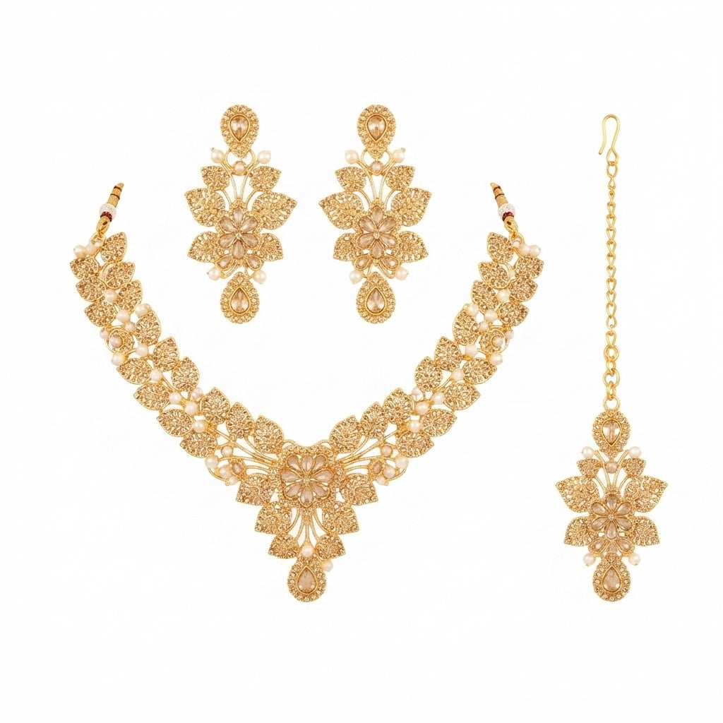 Floral Leaf Bridal Necklace Set – Mint Green, Crystal Silver & Champagne Gold