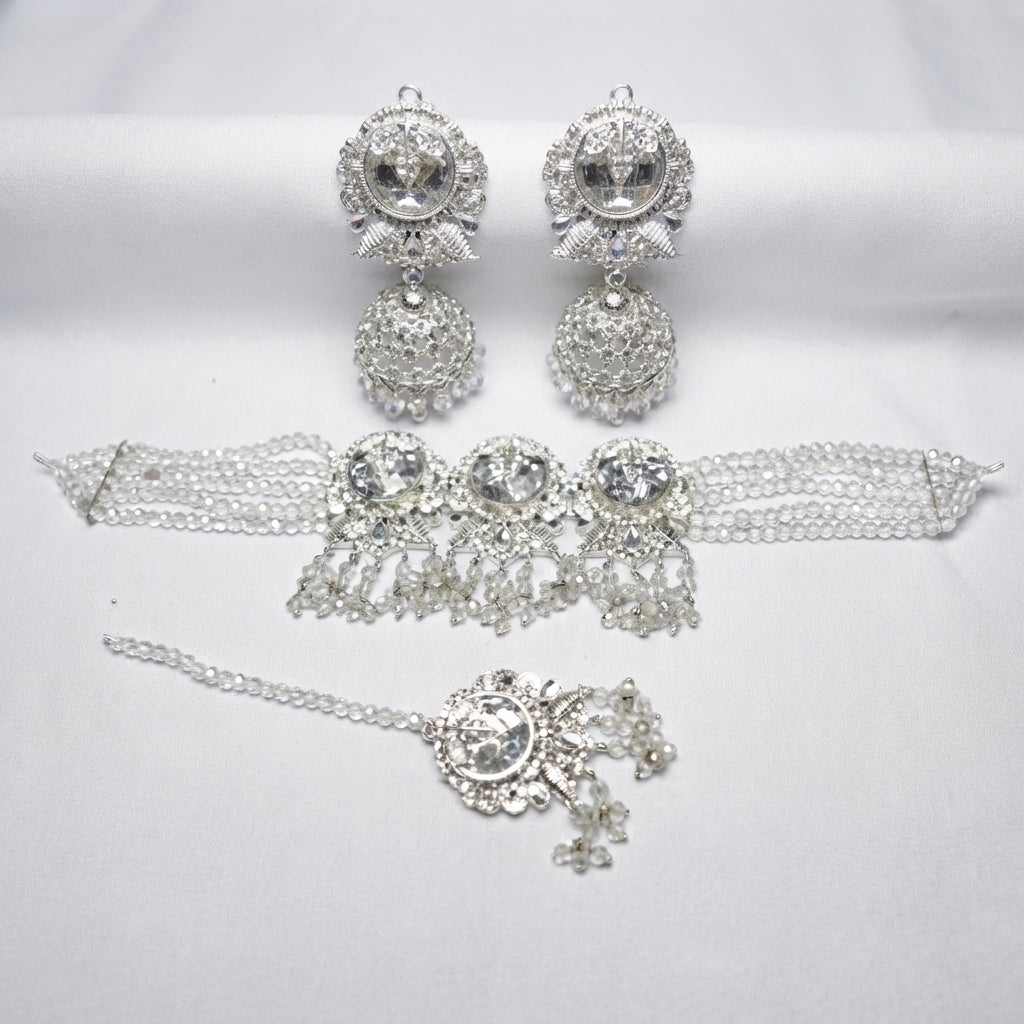 Jhumka Choker Bridal Set – Crystal Silver, Ivory Pearl & Champagne Topaz Gold