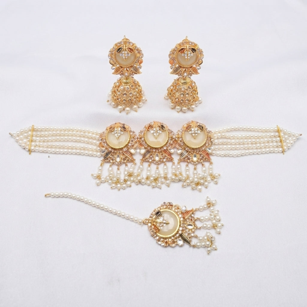 Jhumka Choker Bridal Set – Crystal Silver, Ivory Pearl & Champagne Topaz Gold