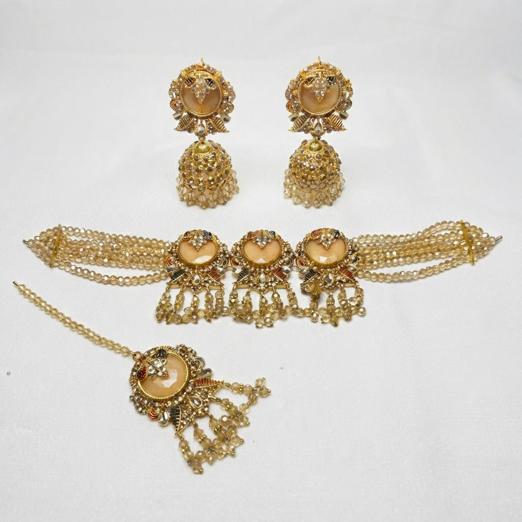 Jhumka Choker Bridal Set – Crystal Silver, Ivory Pearl & Champagne Topaz Gold