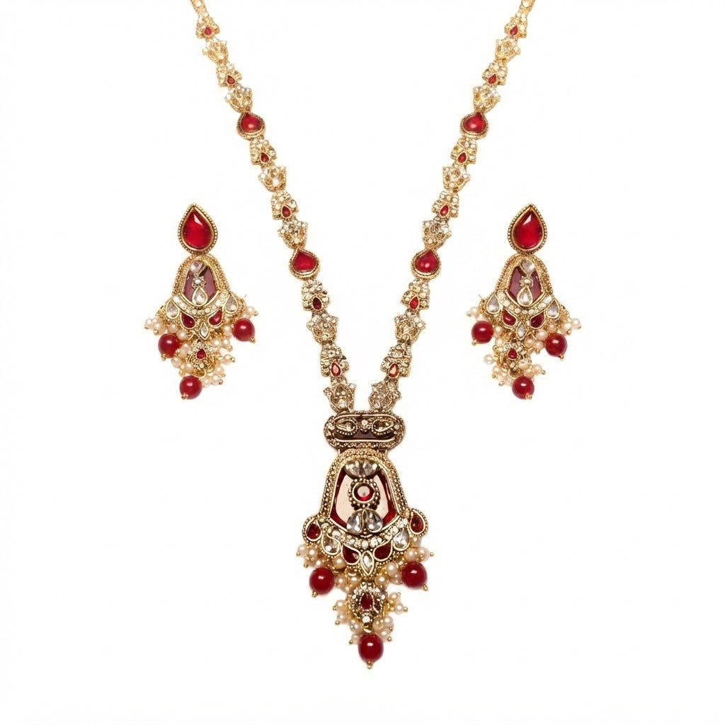 Mughal Kundan Long Necklace Set – Ruby Red, Emerald Green, Champagne & Blush Pink Gold