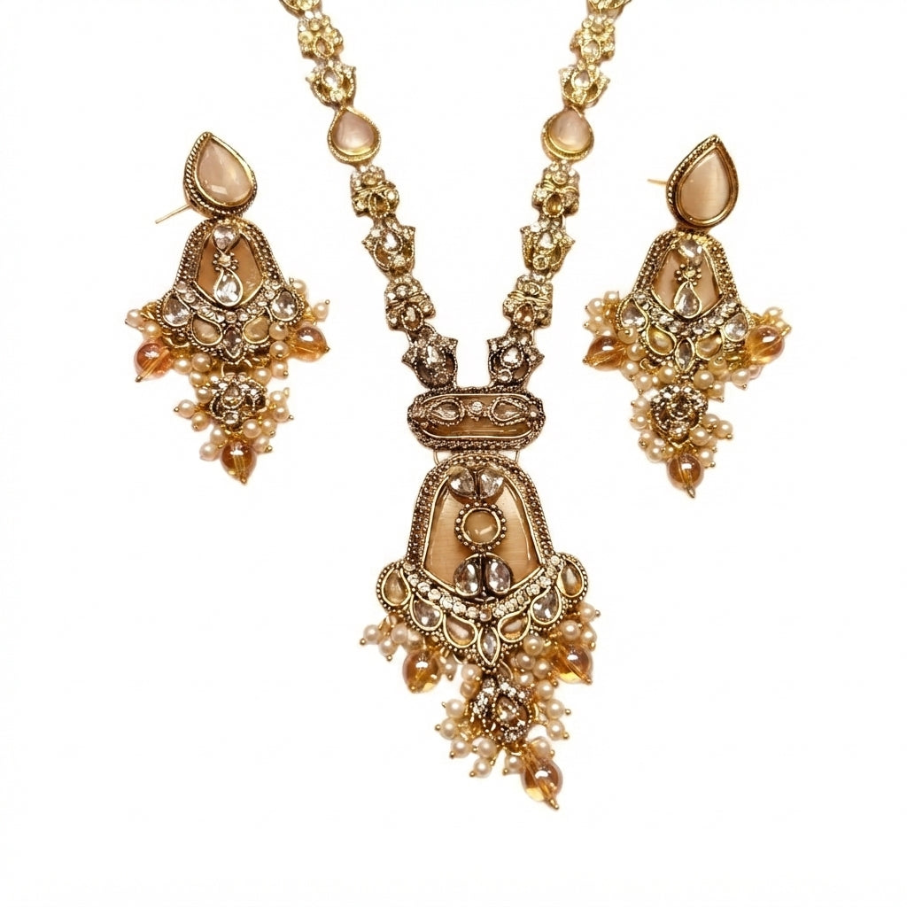 Mughal Kundan Long Necklace Set – Ruby Red, Emerald Green, Champagne & Blush Pink Gold
