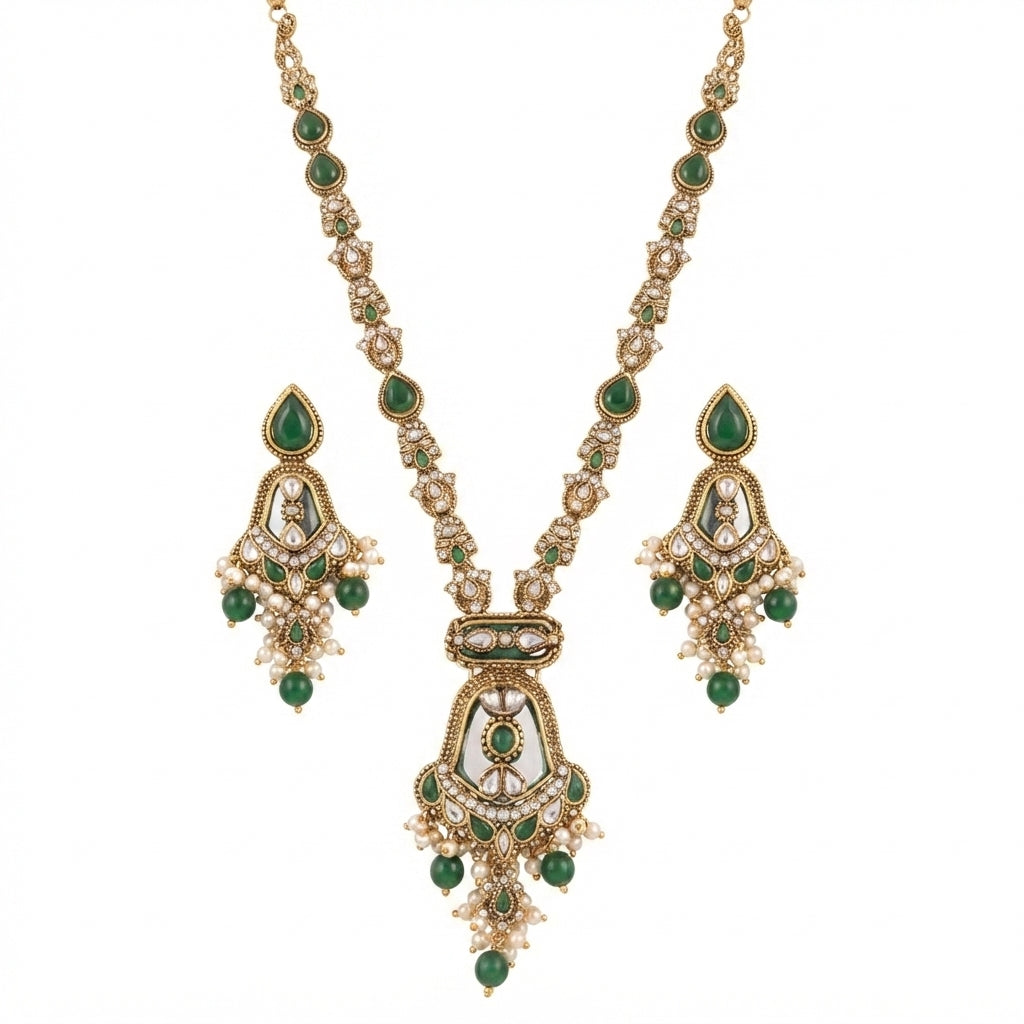 Mughal Kundan Long Necklace Set – Ruby Red, Emerald Green, Champagne & Blush Pink Gold