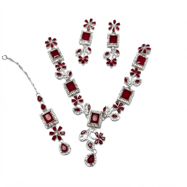 Silver Geometric Square Floral Bridal Jewellery Set – Necklace, Earrings & Maang Tikka
