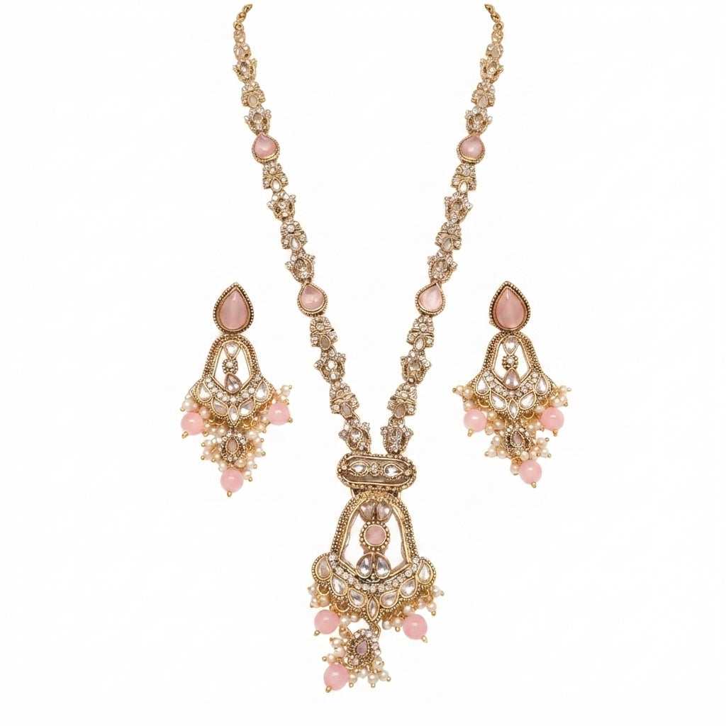 Mughal Kundan Long Necklace Set – Ruby Red, Emerald Green, Champagne & Blush Pink Gold