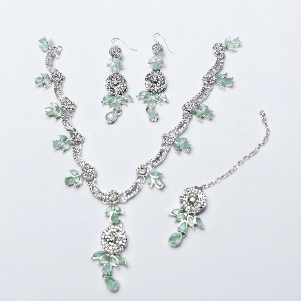 Crystal Vine Floral Bridal Necklace Set – Mint Green & Blush Pink Silver