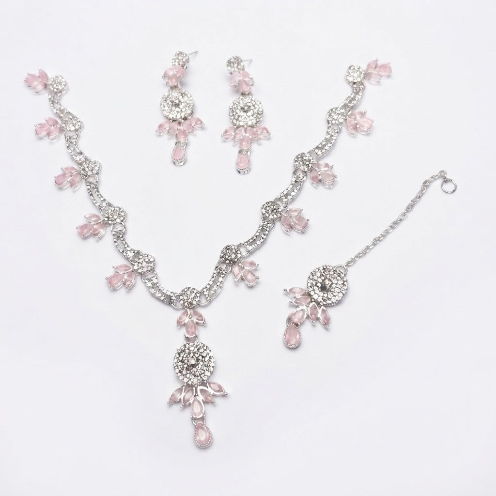 Crystal Vine Floral Bridal Necklace Set – Mint Green & Blush Pink Silver