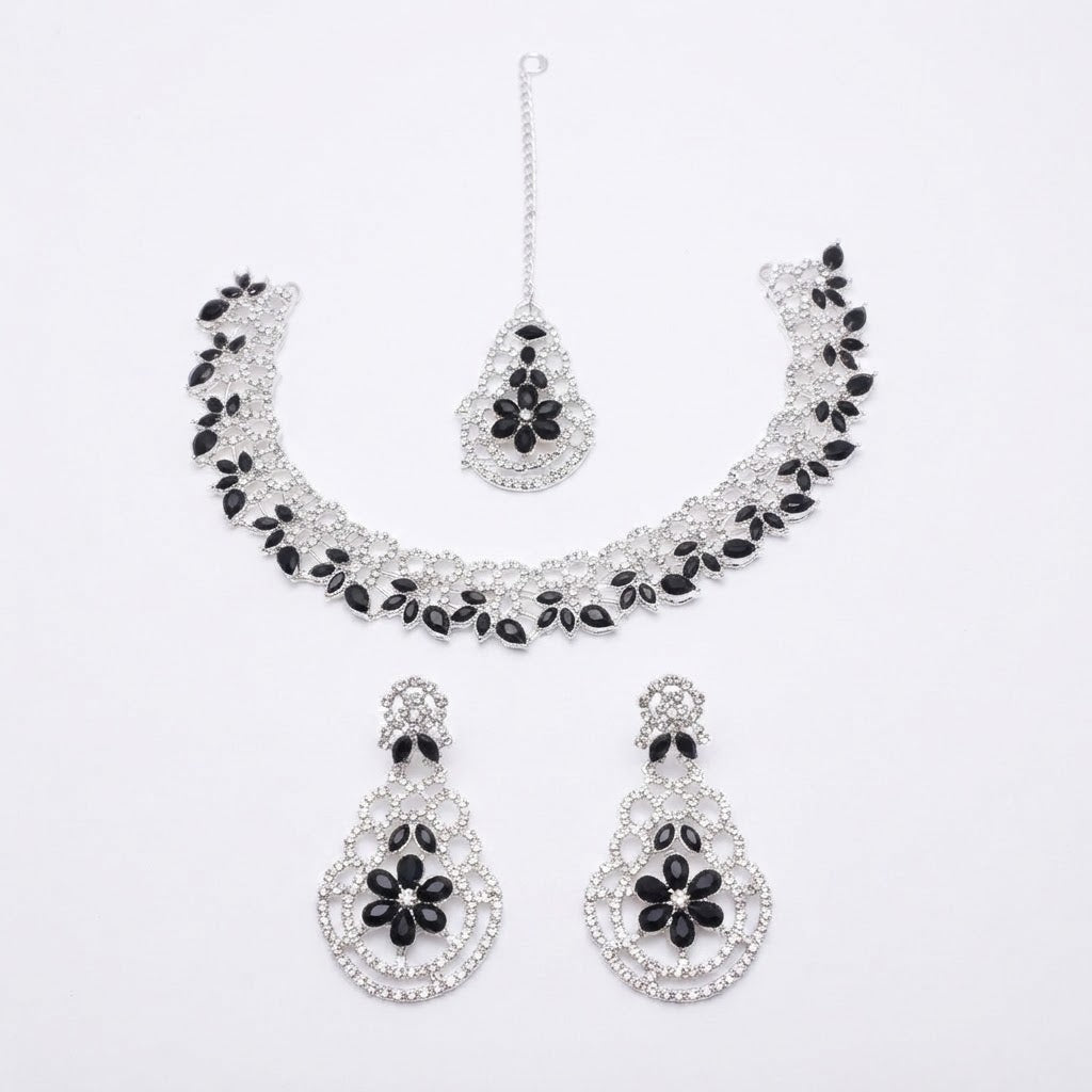Jet Black Silver Floral Leaf Choker Set – Necklace, Earrings & Maang Tikka