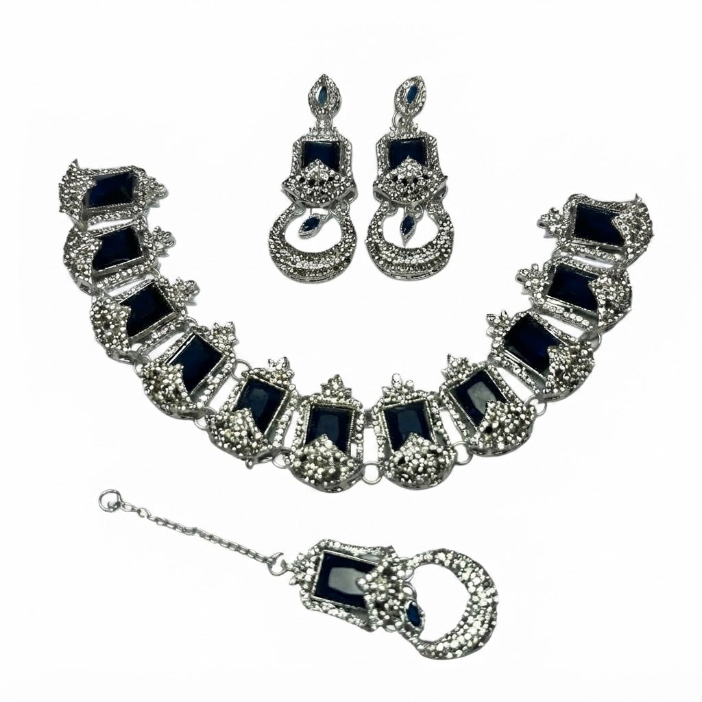 Oxidised Silver Crystal Jewellery Set – Necklace, Earrings & Haath Phool