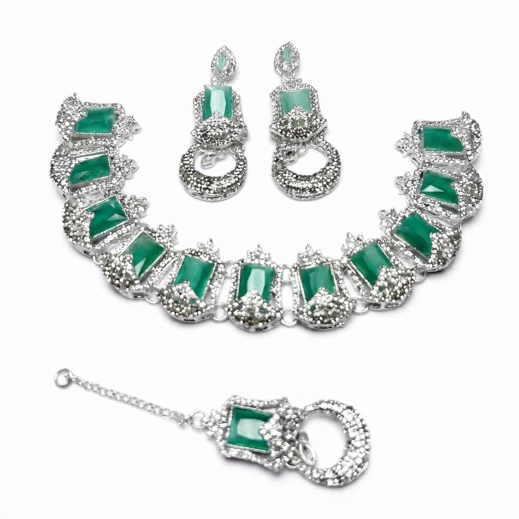 Oxidised Silver Crystal Jewellery Set – Necklace, Earrings & Haath Phool