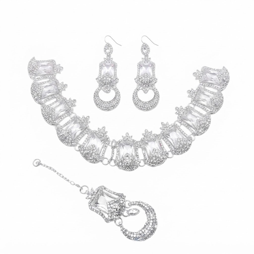 Oxidised Silver Crystal Jewellery Set – Necklace, Earrings & Haath Phool