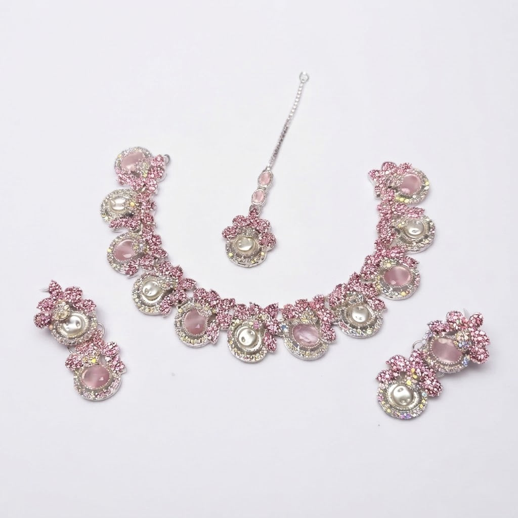 Silver Crystal Pearl Bridal Jewellery Set – Necklace, Earrings & Maang Tikka
