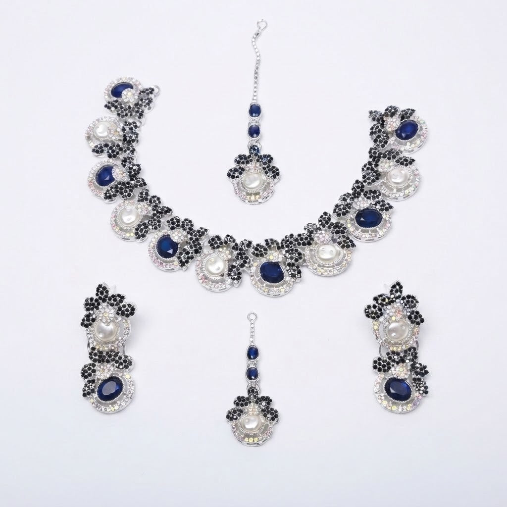 Silver Crystal Pearl Bridal Jewellery Set – Necklace, Earrings & Maang Tikka