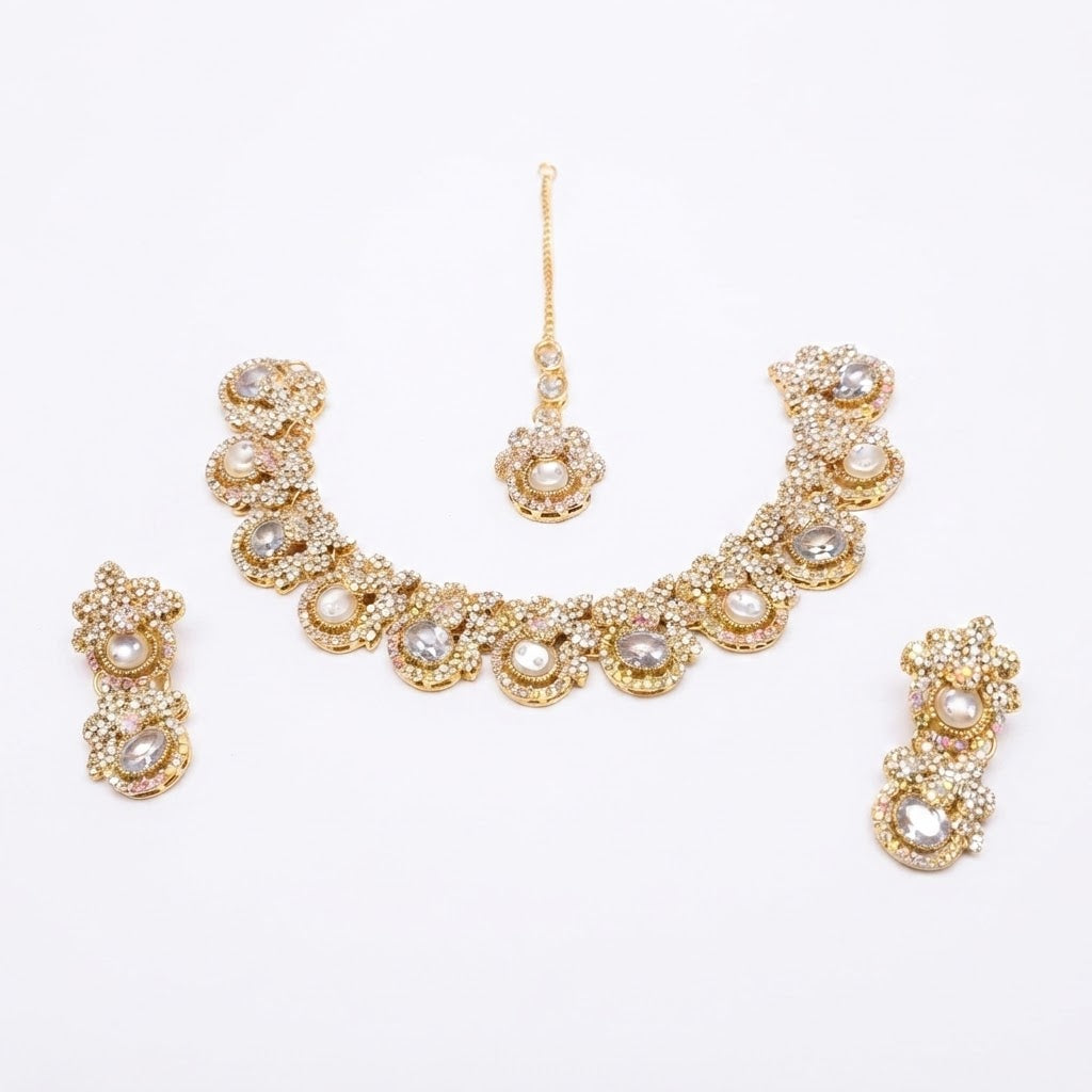 Kundan Pearl Floral Bridal Jewellery Set – Necklace, Earrings & Maang Tikka