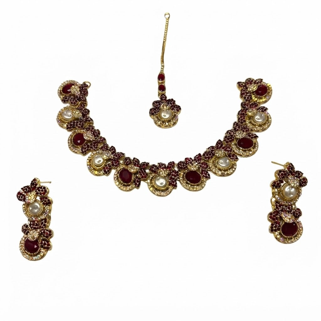 Kundan Pearl Floral Bridal Jewellery Set – Necklace, Earrings & Maang Tikka