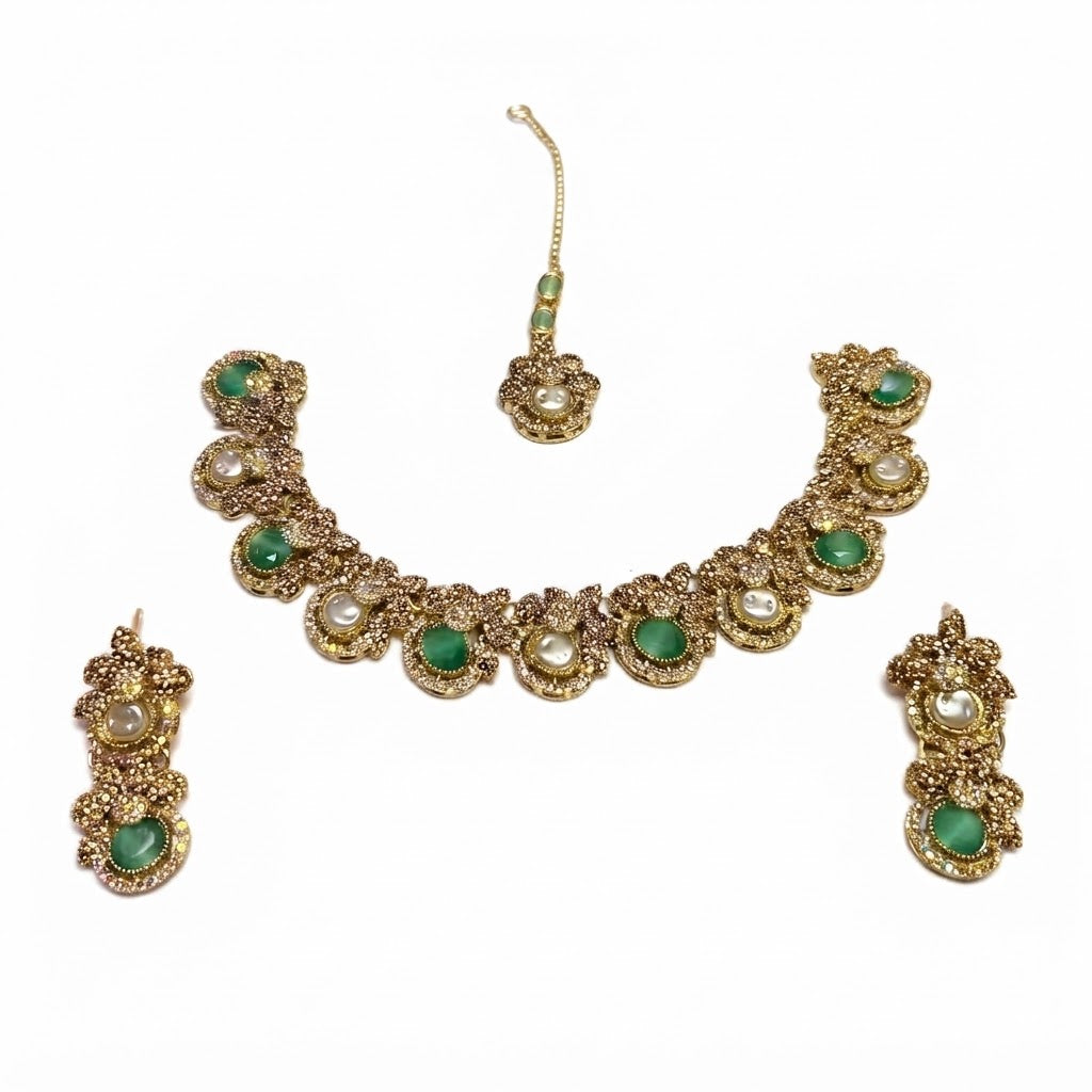 Kundan Pearl Floral Bridal Jewellery Set – Necklace, Earrings & Maang Tikka