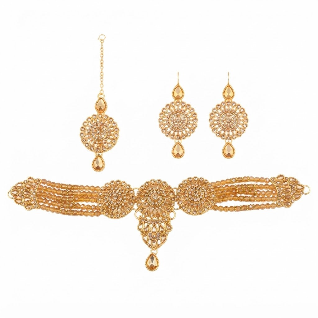 Sunburst Medallion Beaded Bridal Jewellery Set – Necklace, Earrings & Maang Tikka