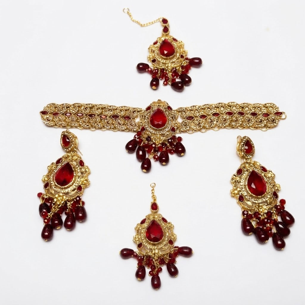 Gold Ruby Red Garnet Bridal Choker Jewellery Set – Necklace, Earrings & Maang Tikka