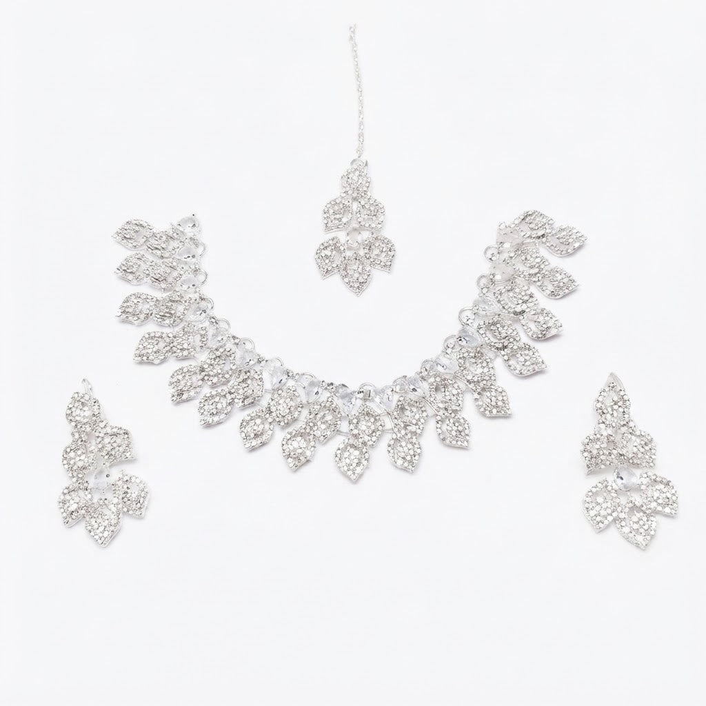 Crystal Leaf Petal Bridal Jewellery Set – Necklace, Earrings & Maang Tikka