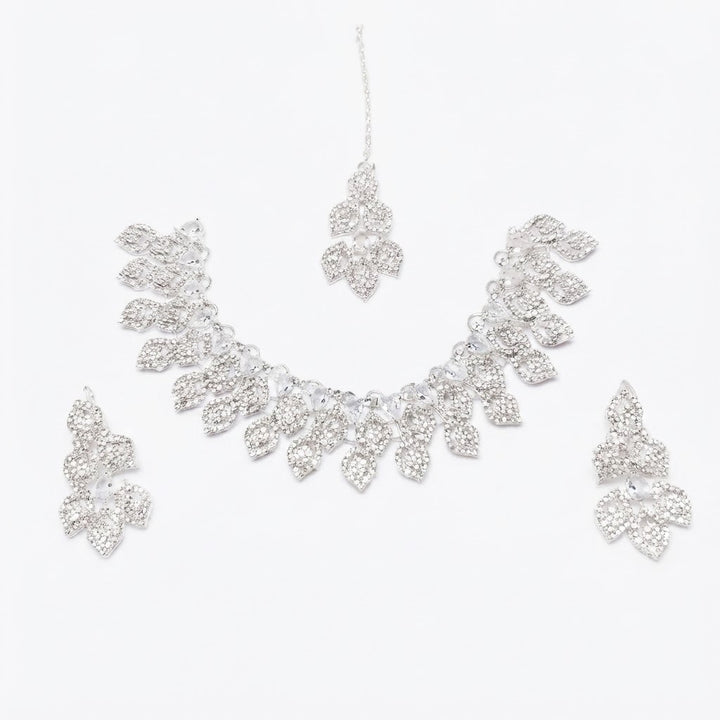 Crystal Leaf Petal Bridal Jewellery Set – Necklace, Earrings & Maang Tikka