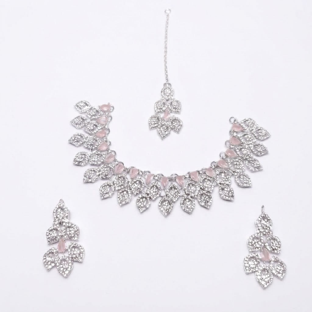 Crystal Leaf Petal Bridal Jewellery Set – Necklace, Earrings & Maang Tikka