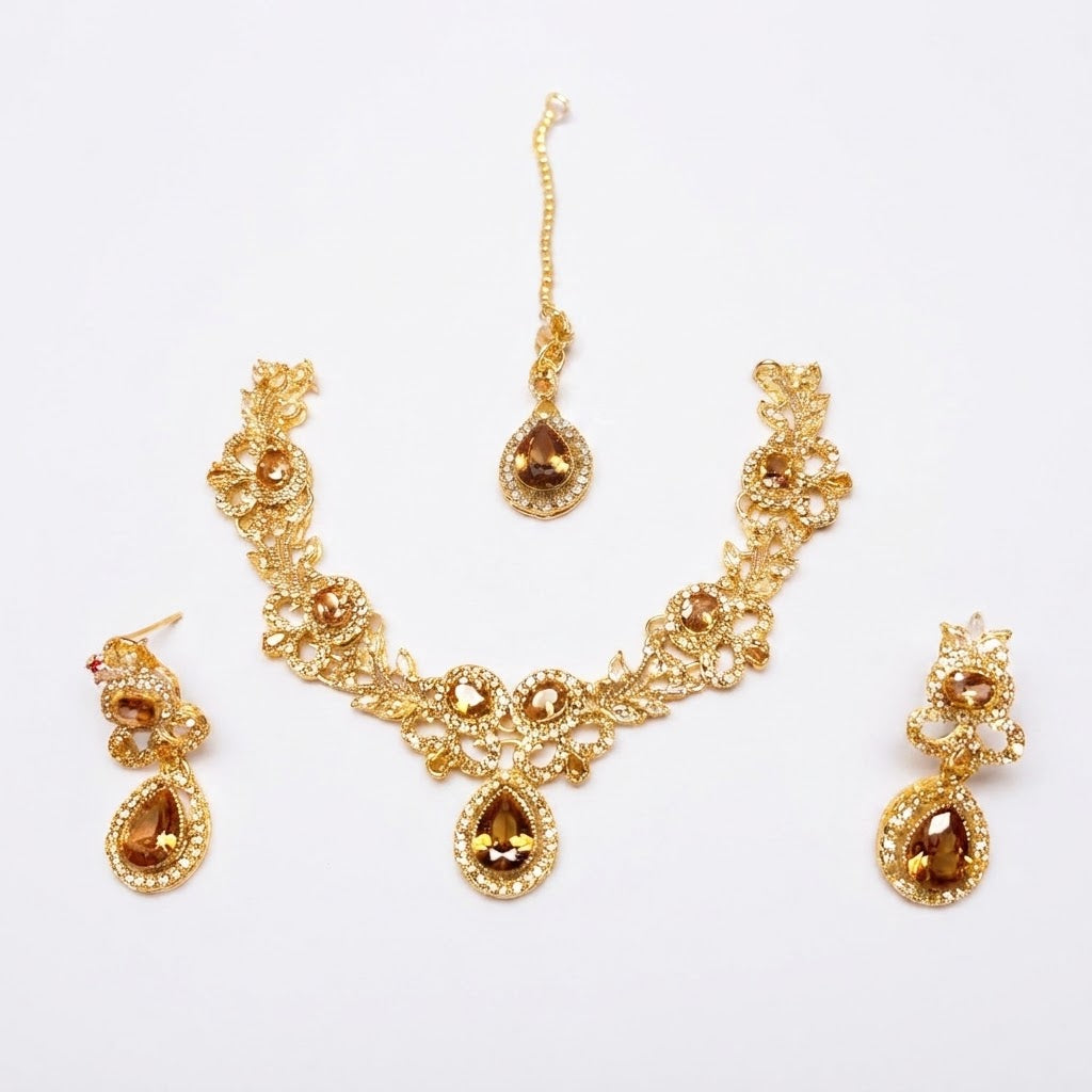 Floral Vine Teardrop Bridal Jewellery Set – Necklace, Earrings & Maang Tikka