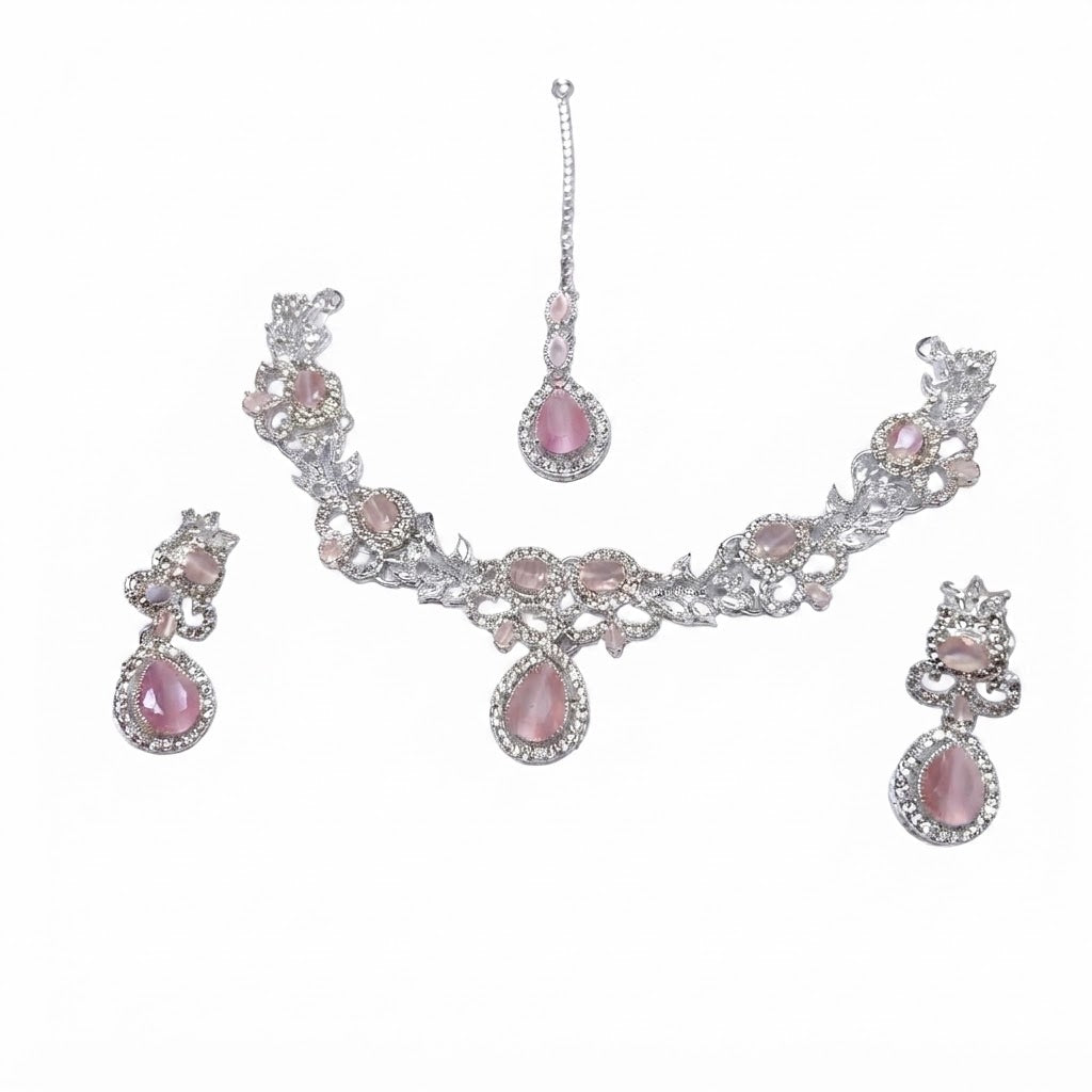 Floral Vine Teardrop Bridal Jewellery Set – Necklace, Earrings & Maang Tikka