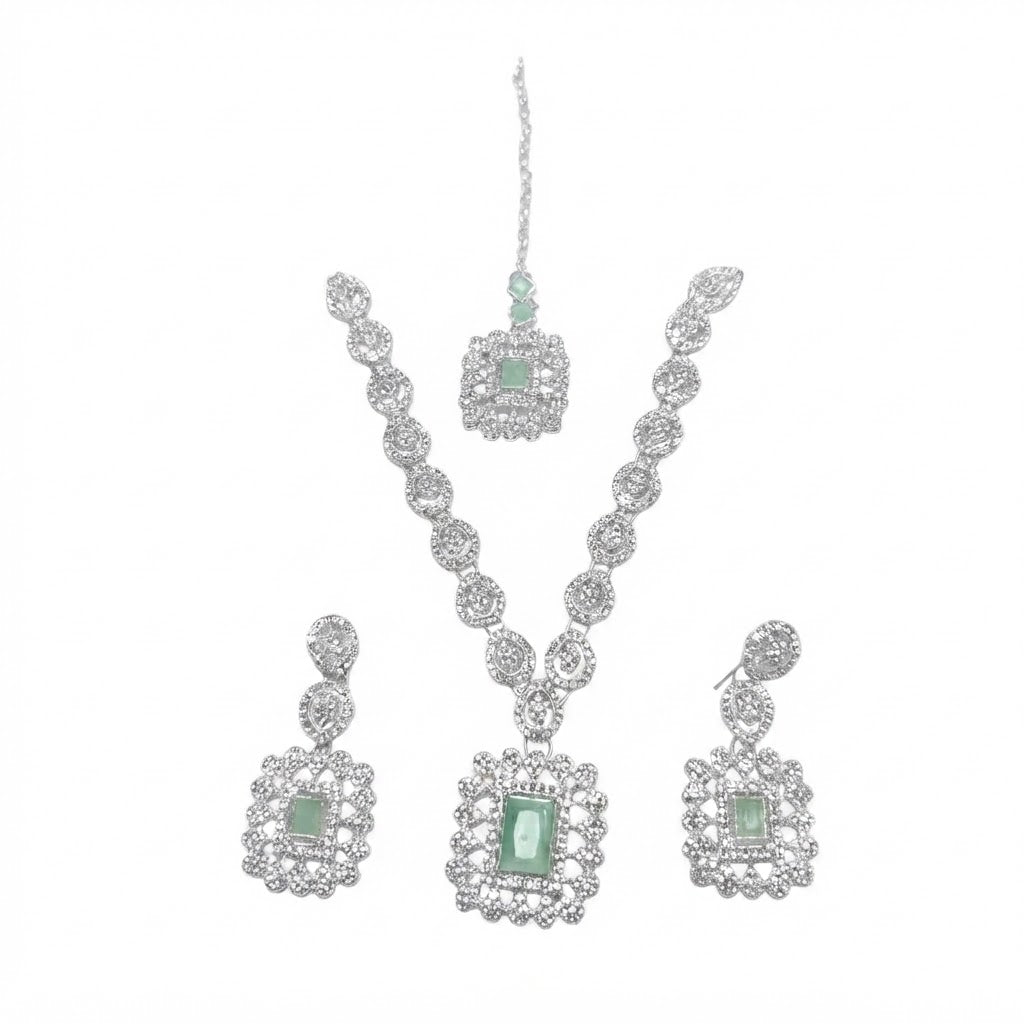 Geometric Rectangle Crystal Bridal Jewellery Set – Necklace, Earrings & Maang Tikka