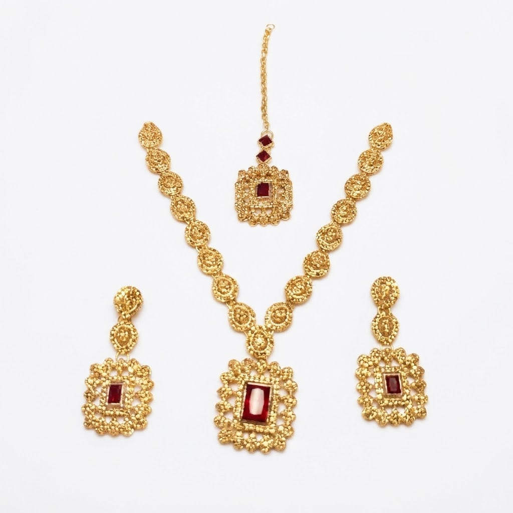 Geometric Rectangle Crystal Bridal Jewellery Set – Necklace, Earrings & Maang Tikka