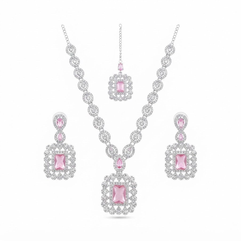 Geometric Rectangle Crystal Bridal Jewellery Set – Necklace, Earrings & Maang Tikka