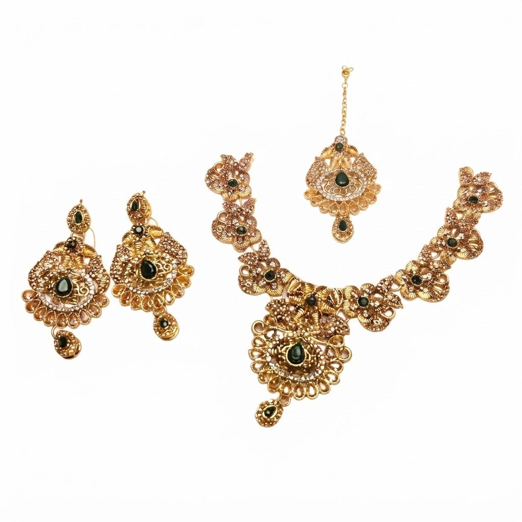 Antique Gold Mughal Filigree Bridal Jewellery Set – Necklace, Earrings & Maang Tikka