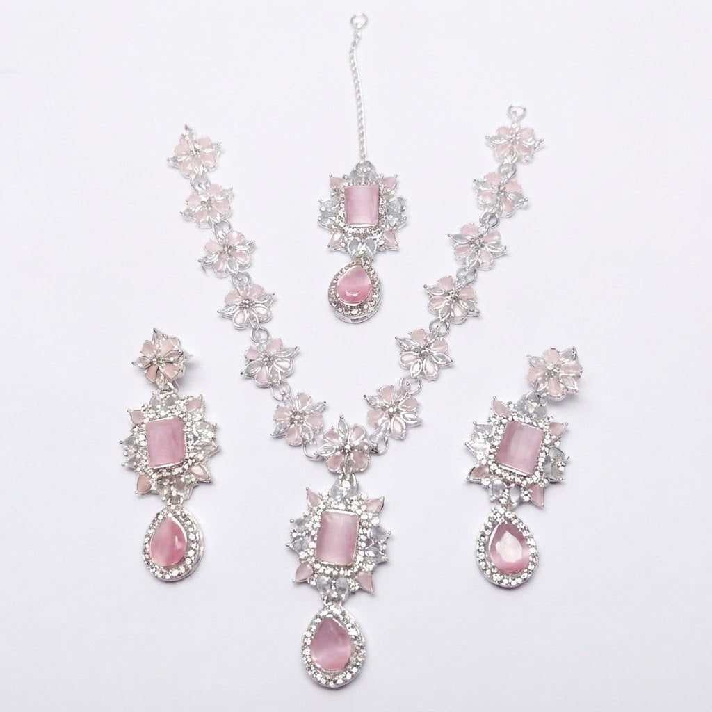 Silver Baby Pink Crystal Floral Bridal Jewellery Set – Necklace, Earrings & Maang Tikka