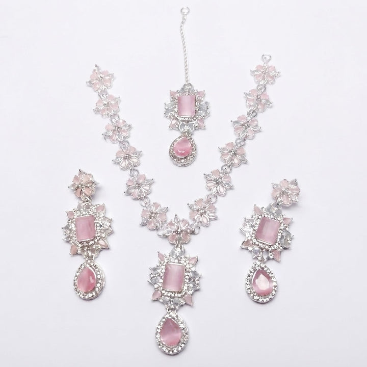 Silver Baby Pink Crystal Floral Bridal Jewellery Set – Necklace, Earrings & Maang Tikka
