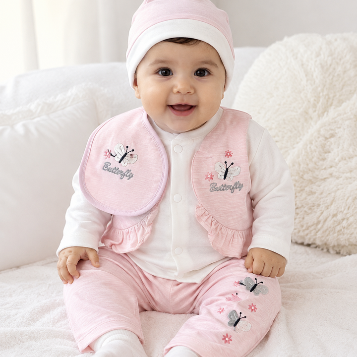 Butterfly Embroidered Baby Girl 5 Pcs Clothing Set (0-6 Months)