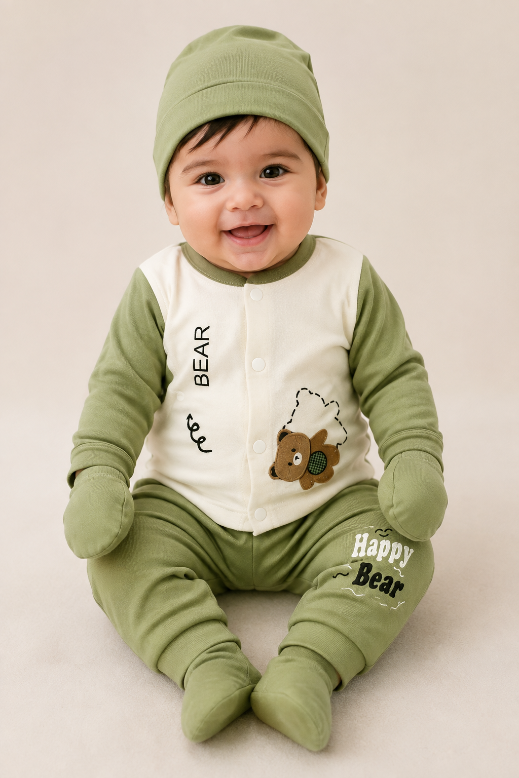 Happy Bear Baby Boy 5 Pcs Clothing Set — Olive Green (0-6 Months)