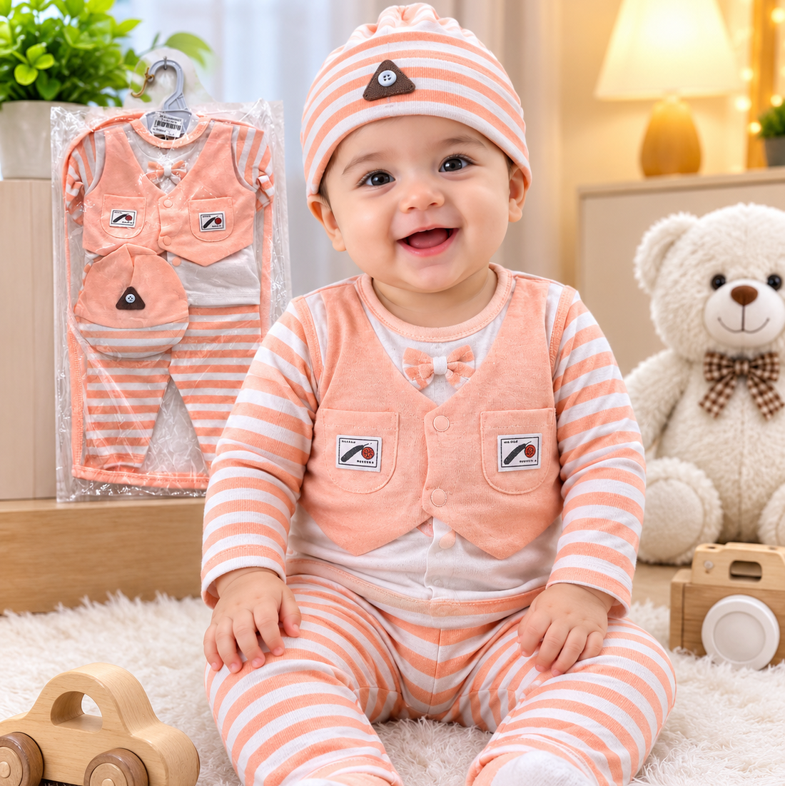 Peach Striped Baby Boy Vest & Bow Tie 4 Pcs Set (0-6 Months)