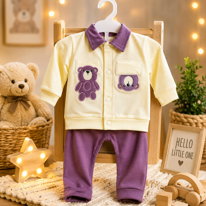 Teddy Bear Applique Baby Boy 2 Pcs Jacket & Pants Set — Yellow & Purple (0-6 Months)