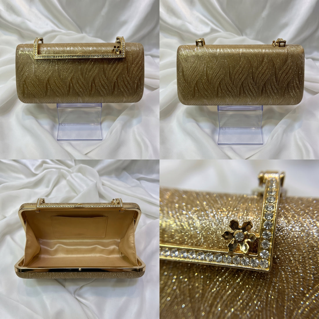 Gold Wave Texture Clutch Bag with Crystal Flower Clasp & Satin Interior