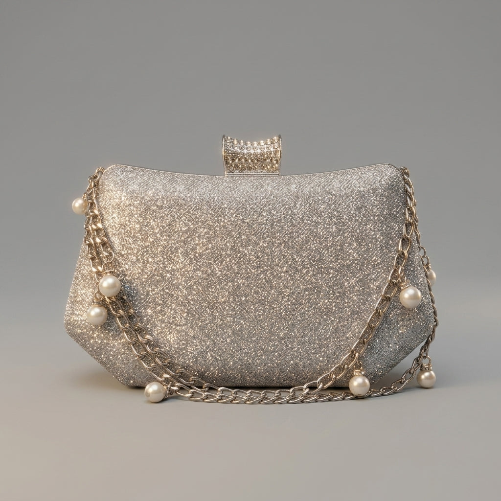 Silver Shimmer Clutch Bag with Pearl-Accented Chain Strap